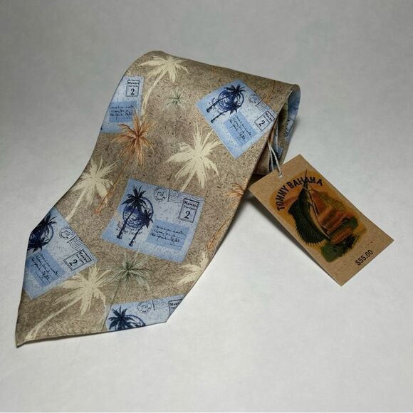 NWT Tommy Bahama 100% Silk Postmark Paradise Khaki Neck Tie 59”4.25”W - Picture 1 of 9